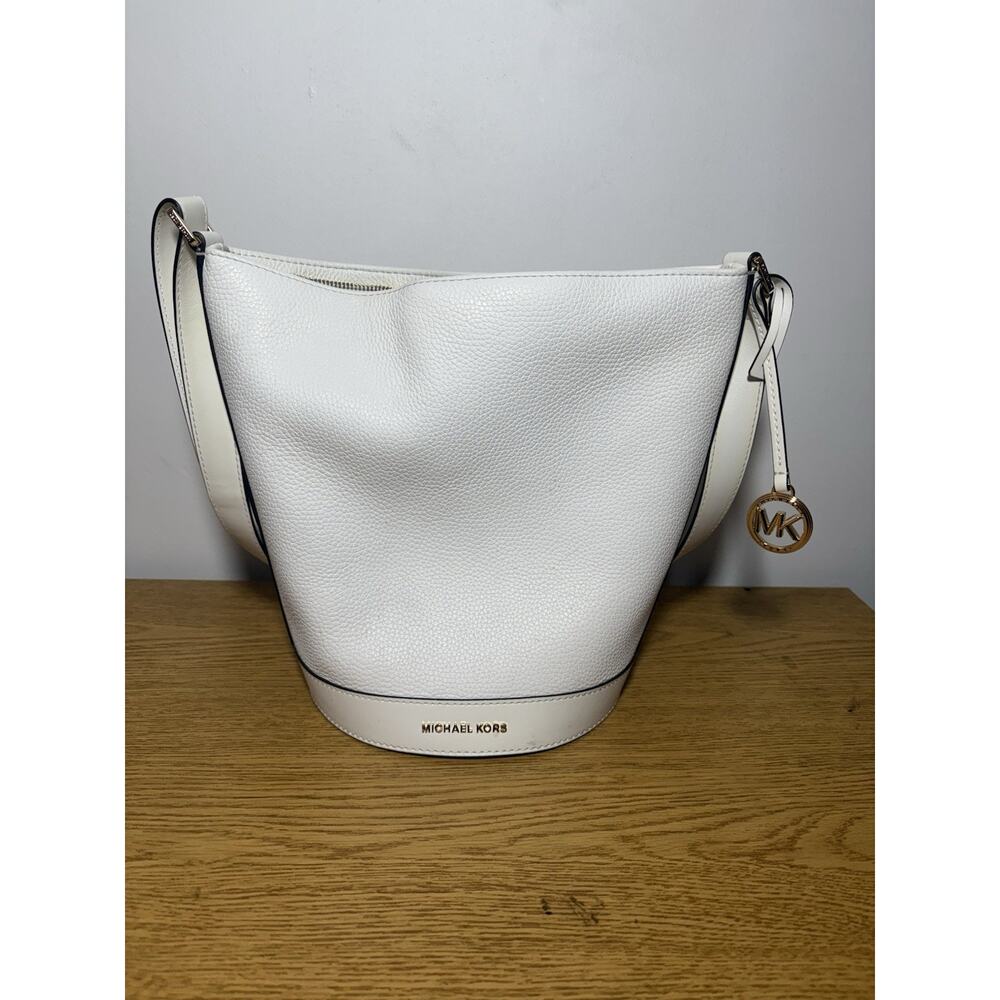 Michael Kors White Pebbled Leather Bucket Crossbody Bag